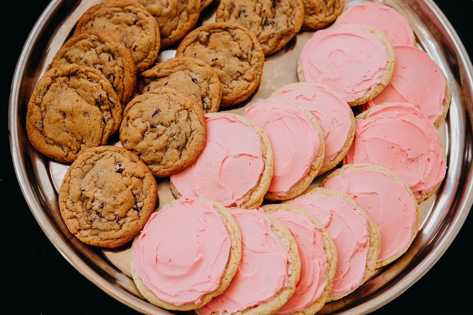 A Thirst bakery tray of chocolate chip and pink sugar cookies